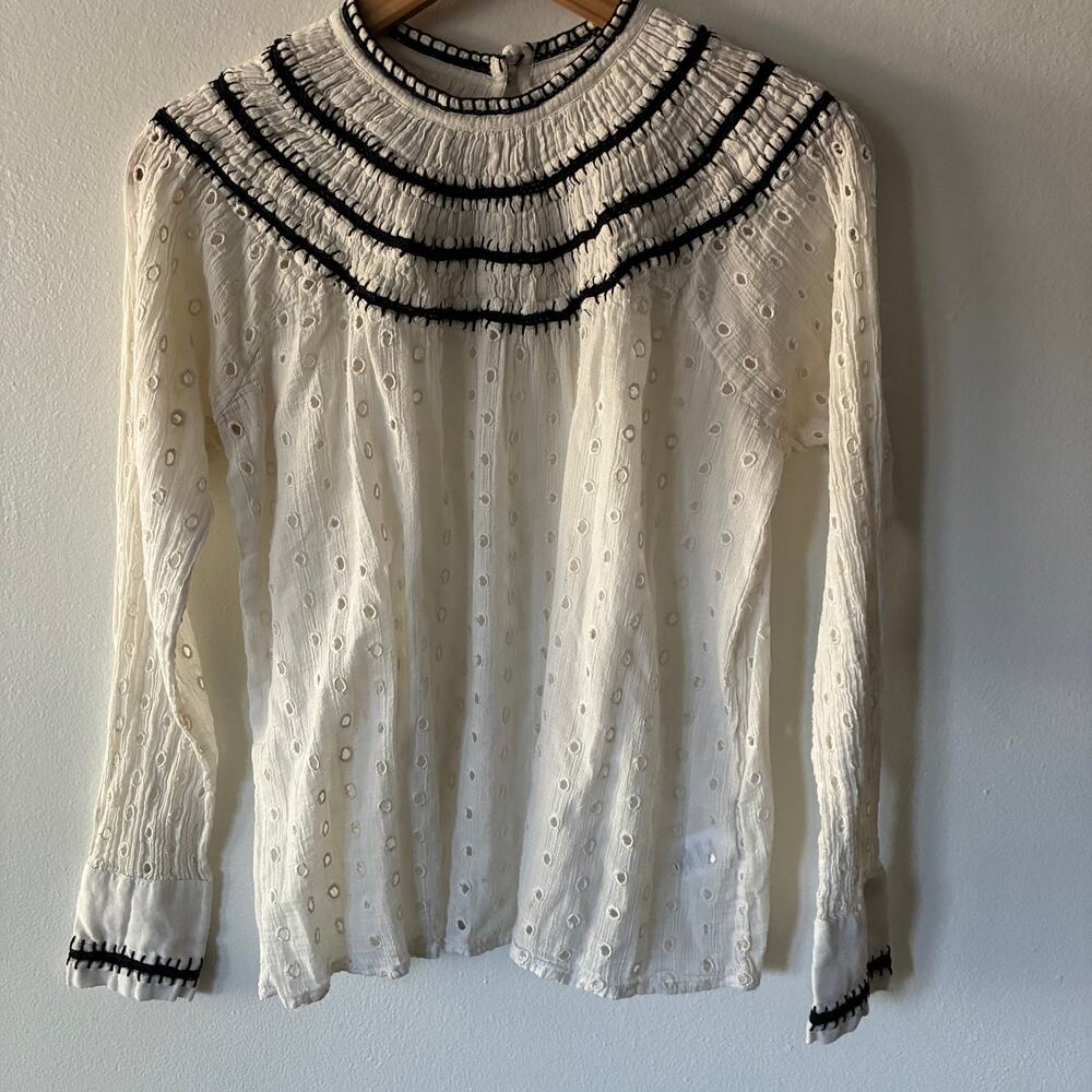 Lulus White Eyelet Cotton Blouse Black Trim Mock Neck Long Sleeve XS